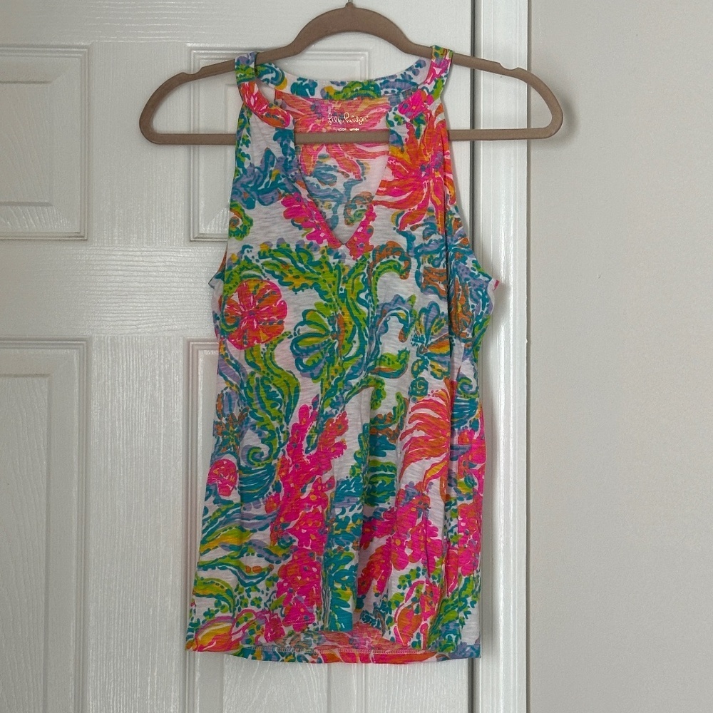 Lilly Pulitzer Arya Tank Top Pink Green Palm Leaves Size Small Tropical Preppy